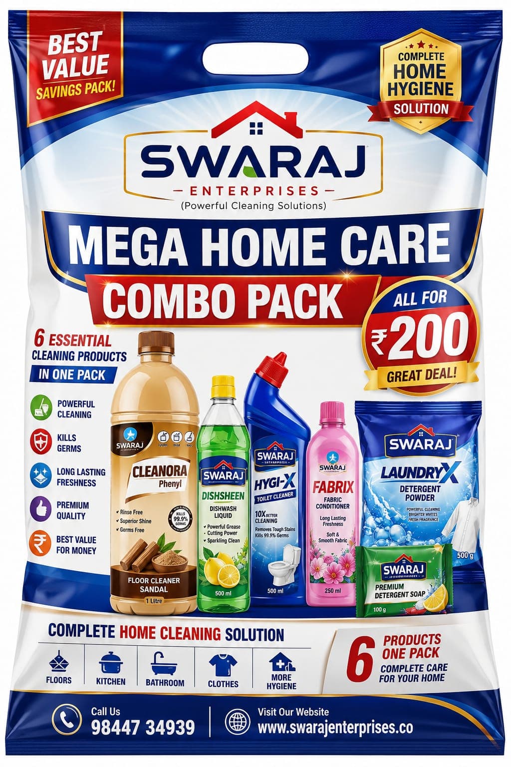 Swaraj Mega Home Care Combo Pack – 6 Essential Cleaning Products at ₹200